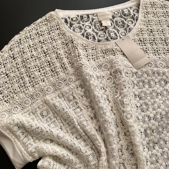 Chico's NWT ($79) Size 3 (XL) White Lace Crochet Sheer Cotton Blend Top Blouse - Picture 6 of 7